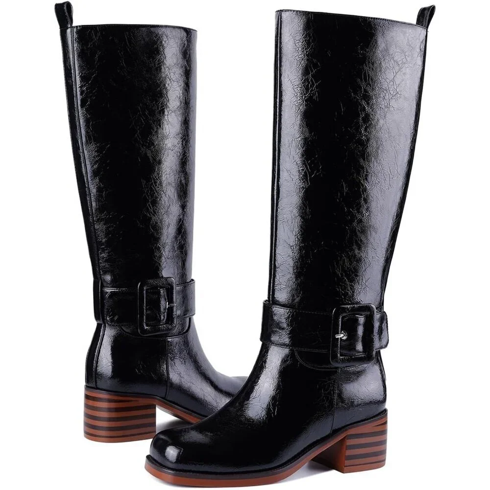 Women's B-black Chunky Low Heel Pull On Riding Comfortable Knee High Boots